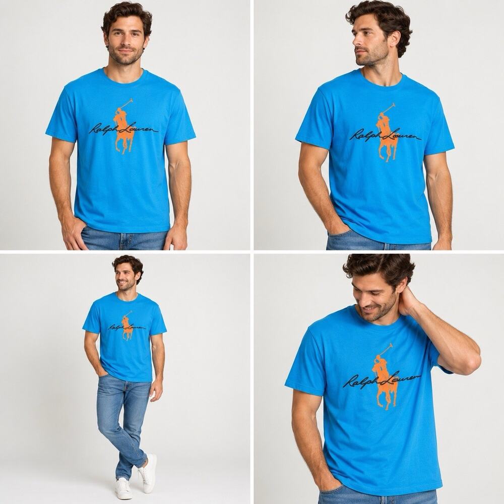 Polo Ralph Lauren Men’s Large Blue Big Pony Script Graphic T-Shirt Classic Fit